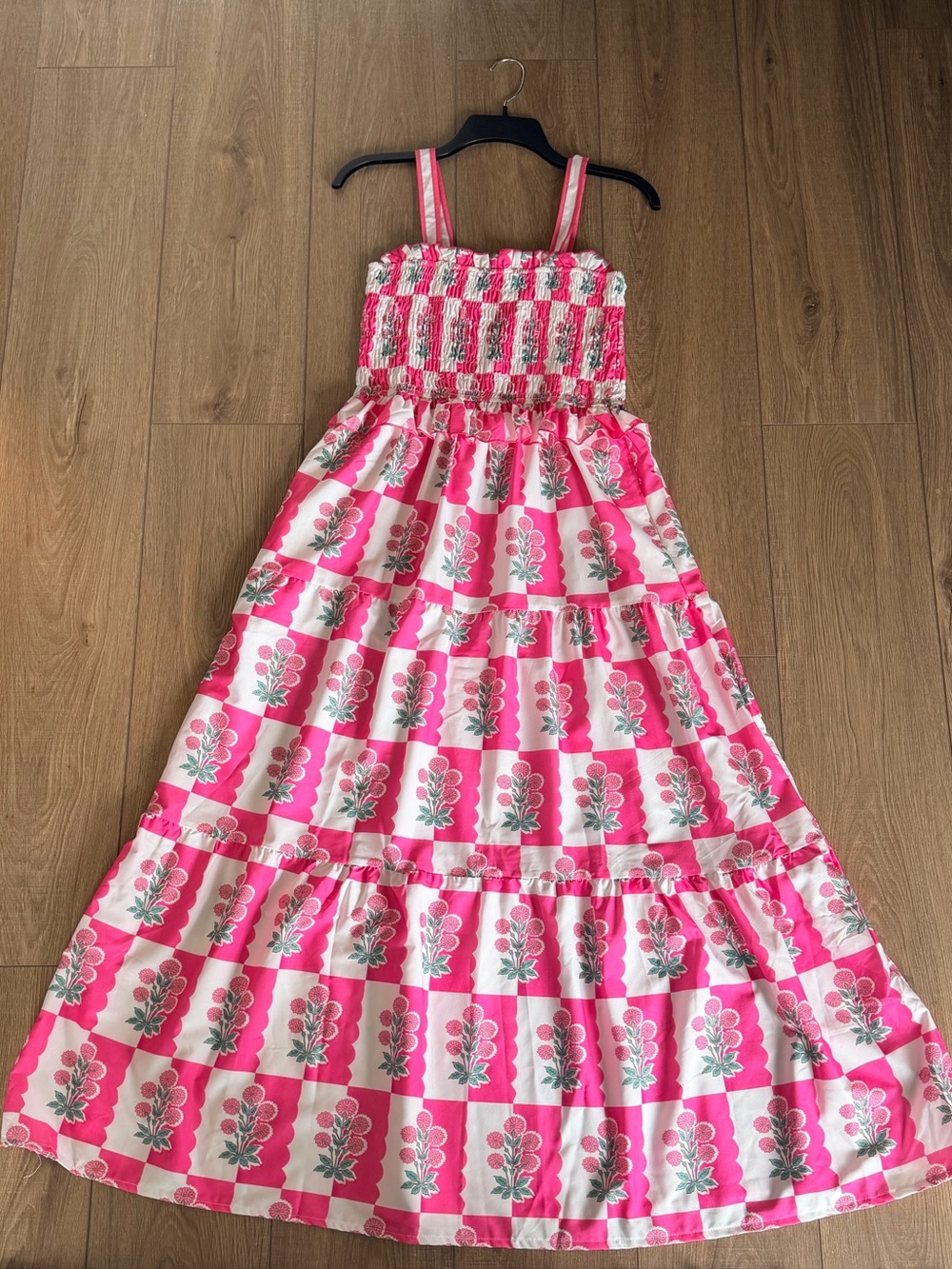 Womens Pink Floral Maxi Dress with Smocked Bodice